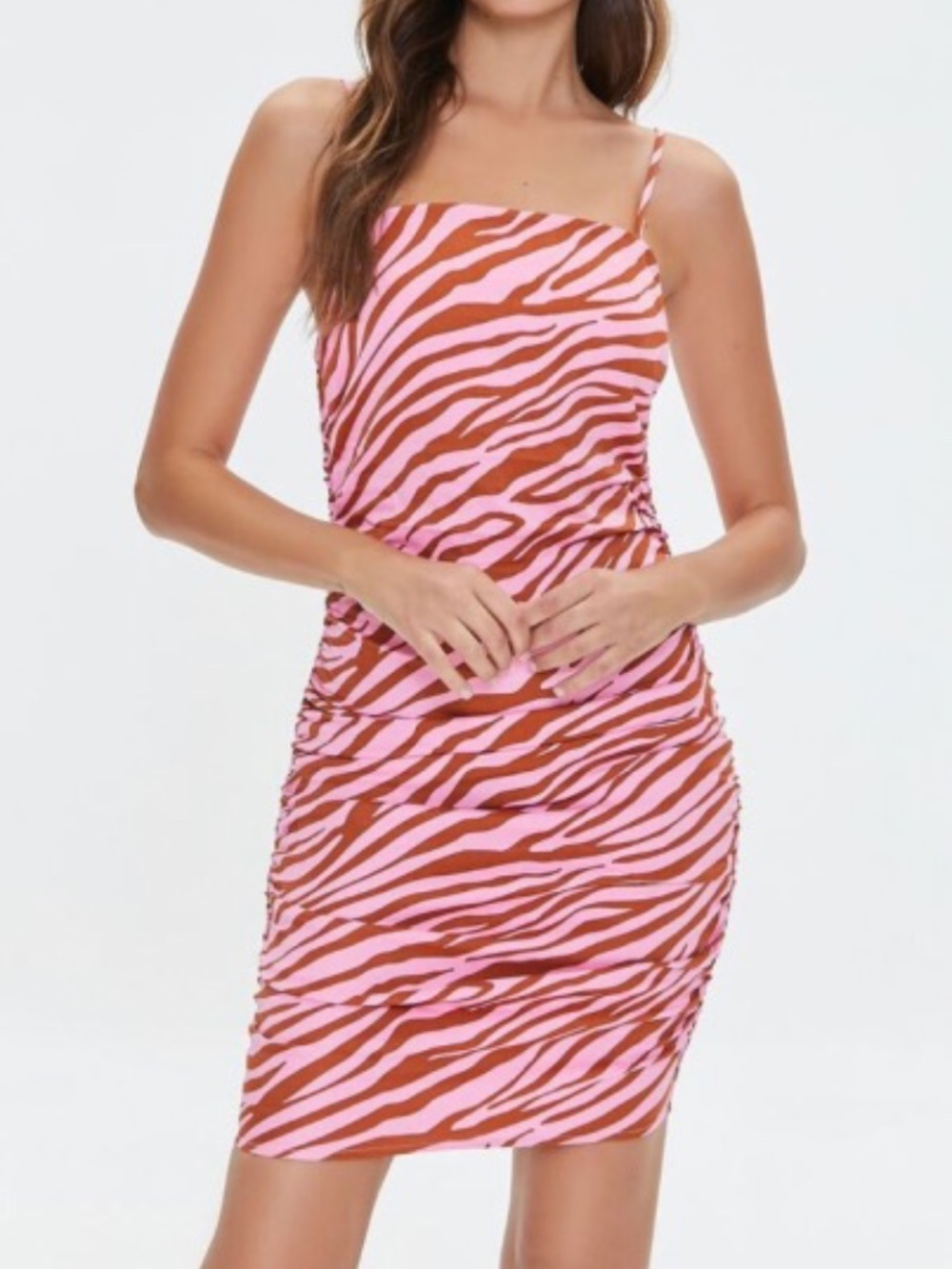 Forever 21 Pink Brown Zebra Print Ruched Bodycon Mini Dress Sz S Cami Y2K